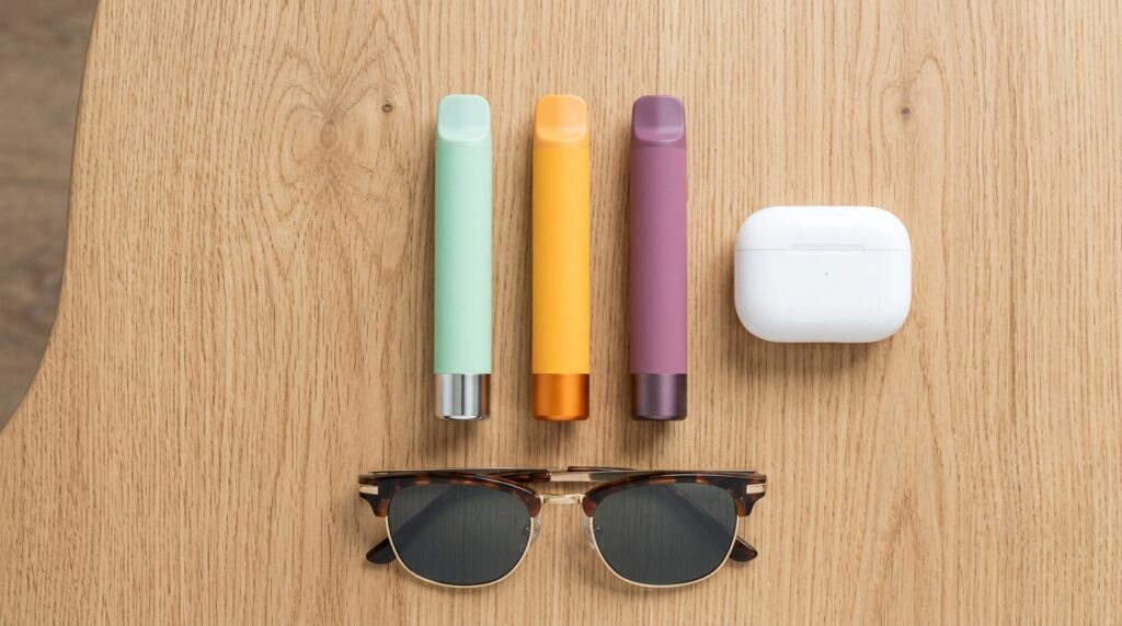 Colorful authentic disposable vape lineup under AED 40 on wooden table in UAE