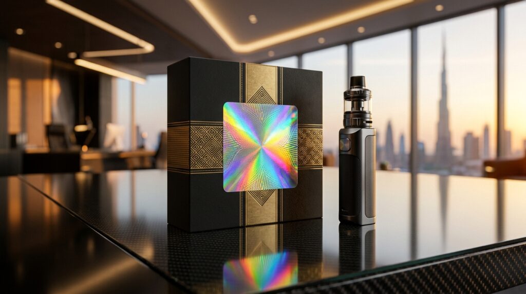Authentic MoIAT and ESMA approved vape packaging with hologram security seal in Dubai UAE