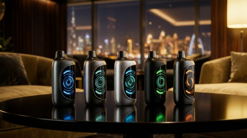 High puff count disposable vapes with smart digital LED screens in luxury Dubai lounge