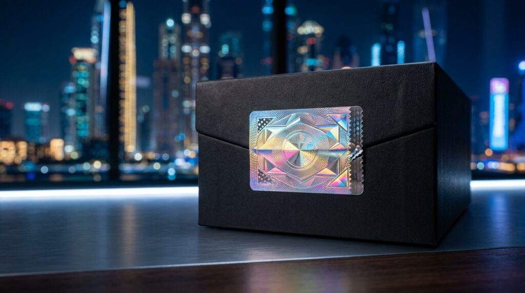 Macro verification of authentic vape scratch-off QR code and holographic security badge in UAE