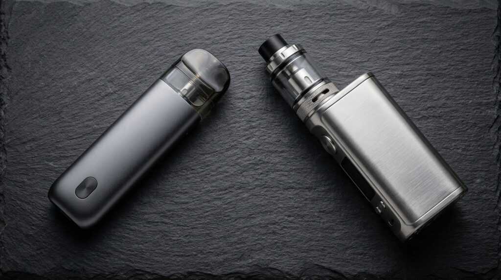 Refillable pod system vape vs sub-ohm box mod device comparison on slate stone in UAE
