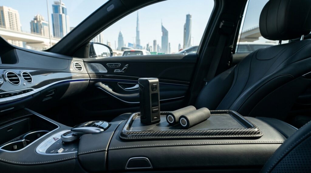 Vape device and protected 18650 lithium batteries stored safely inside air-conditioned car in Dubai