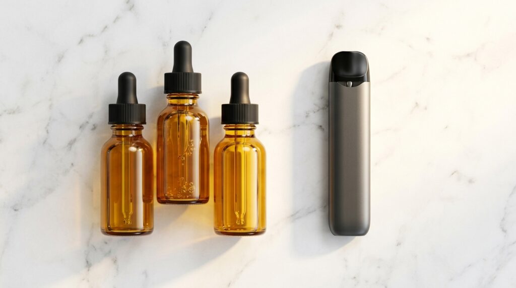 Premium amber e-liquid dropper bottles and pod vape device on white marble desk in UAE