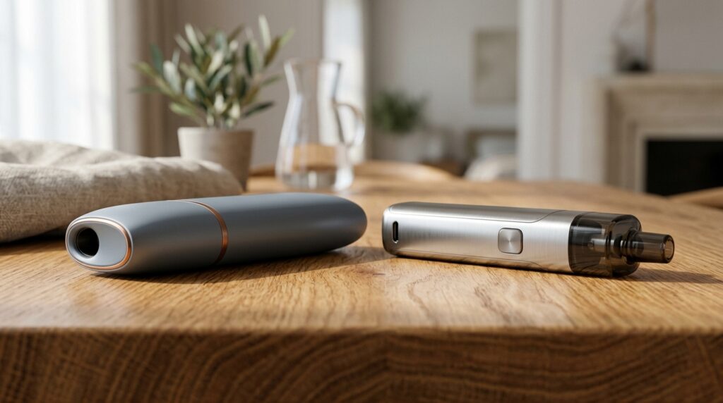 IQOS heated tobacco device compared side by side with refillable vape pod system in UAE