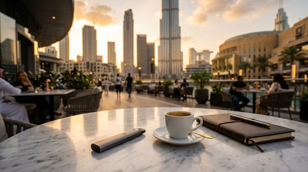 Luxury outdoor cafe terrace in Downtown Dubai with vape pod device and Burj Khalifa skyline